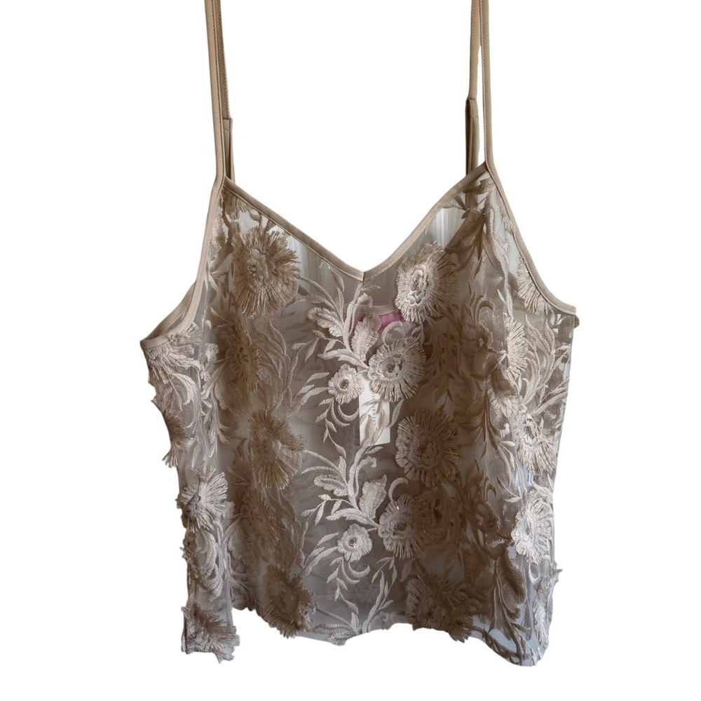 Eva Franco NWT Sheer Floral Applique Mesh Cami Top Taupe Beige Romantic‎ Size L